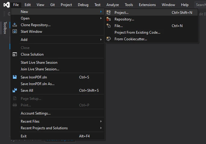 How to Convert PDF to PNG in .NET: Figure 1 - The Project dropdown in Visual Studio.