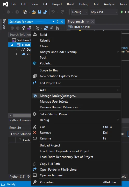 How to Convert PDF to PNG in .NET: Figure 4 - The NuGet Package Manager dropdown from the Tools bar in Visual Studio.