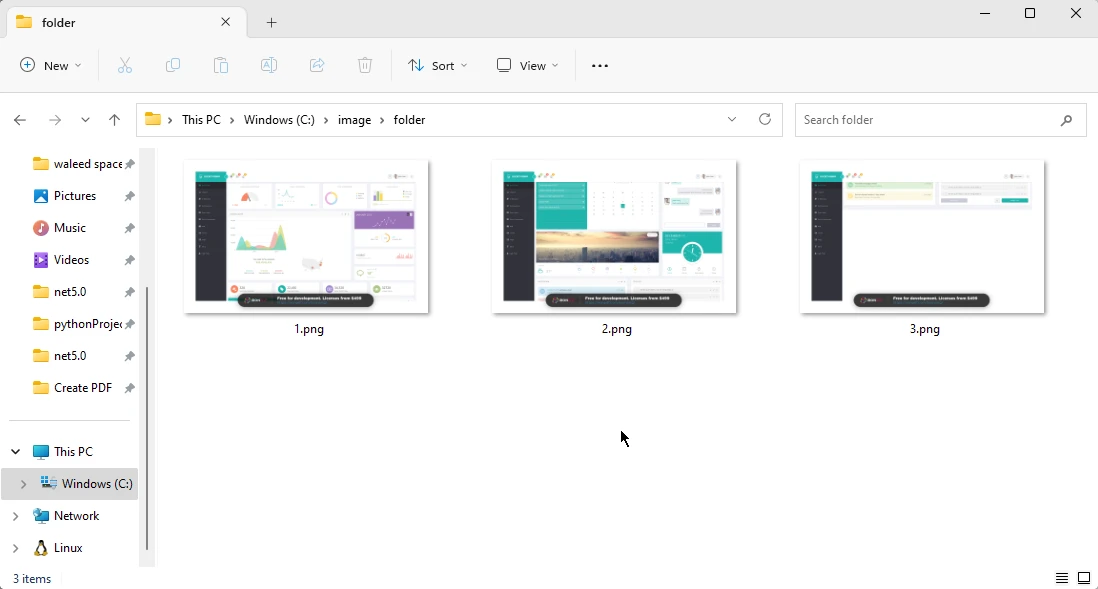 How to Convert PDF to PNG in .NET: Figure 7 - Three PNG pictures in the Windows file explorer, one for each of the PDF pages.