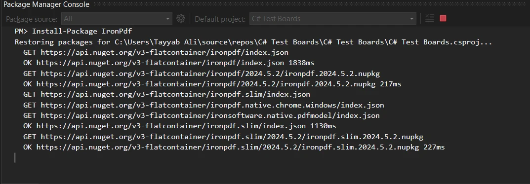 NHibernate C#（開発者向けの動作原理）：図4 - NuGet パッケージ マネージャーを使用して IronPDF をインストール 