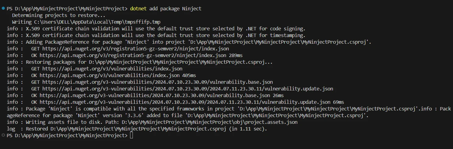 Ninject .NET Core（開發者如何使用）：圖3 - 使用命令安裝Ninject套件：.NET add Ninject