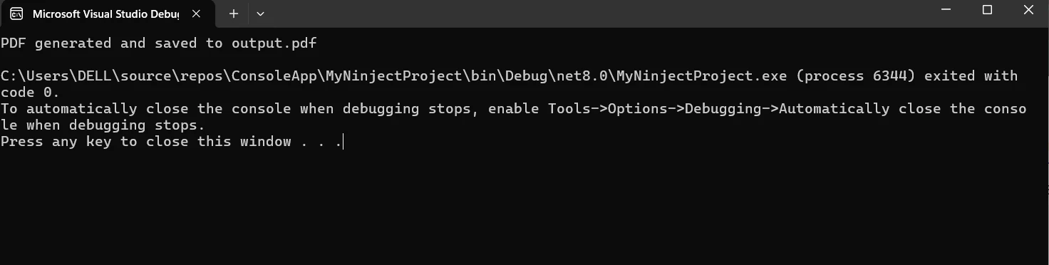 Ninject .NET Core (How It Works For Developers): Figure 6 - Console output for the above code using Ninject for dependency injection and IronPDF for converting HTML text to PDF.