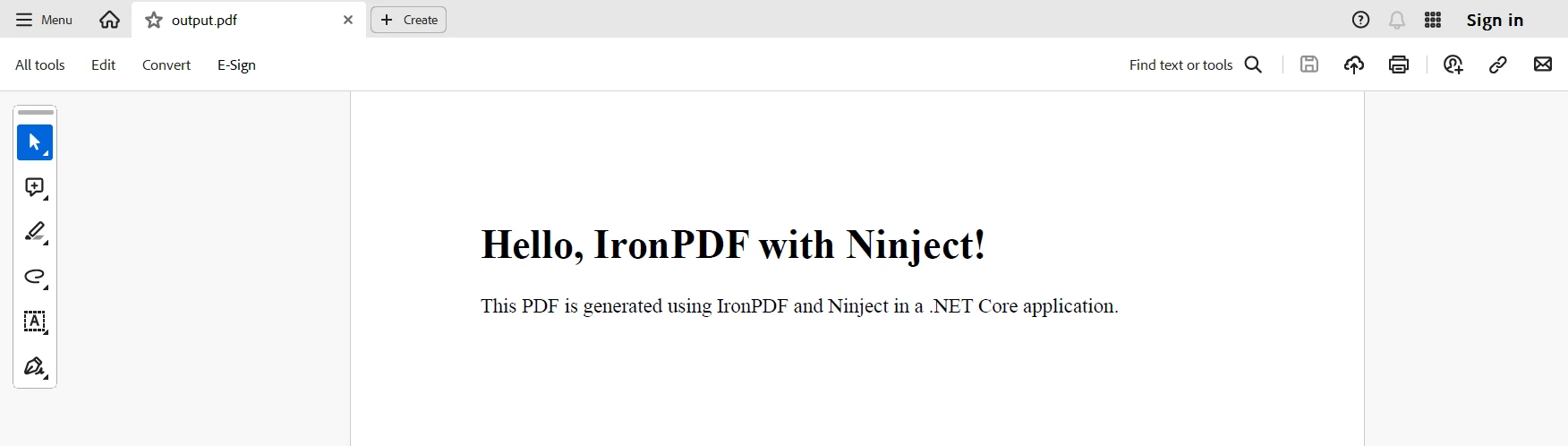 .NET Coreのプロジェクト (開発者向けの仕組み)：図7 - IronPDFを使用して生成された出力PDF。