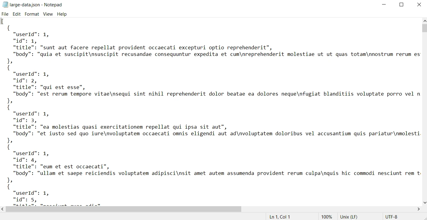 Node.js Fetch (How It Works For Developers): Figure 4 - Output file: large-data.json