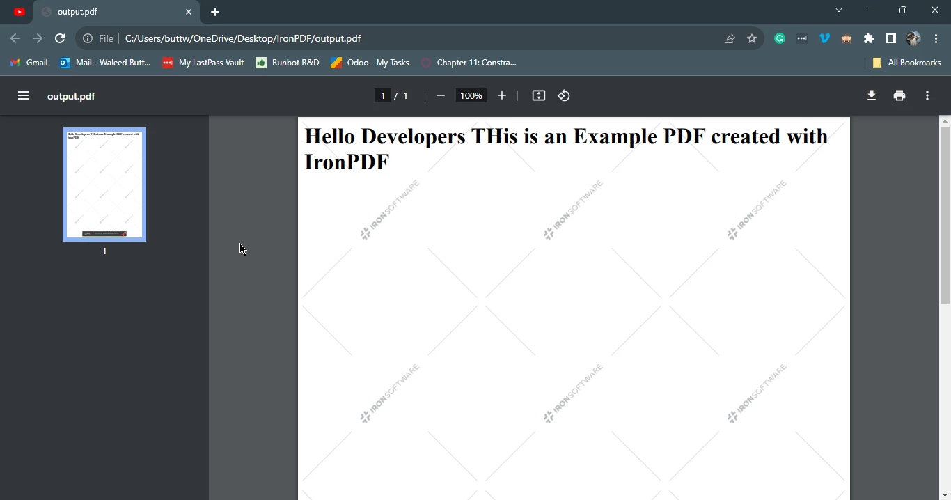 Output PDF generated from an HTML string using IronPDF library.