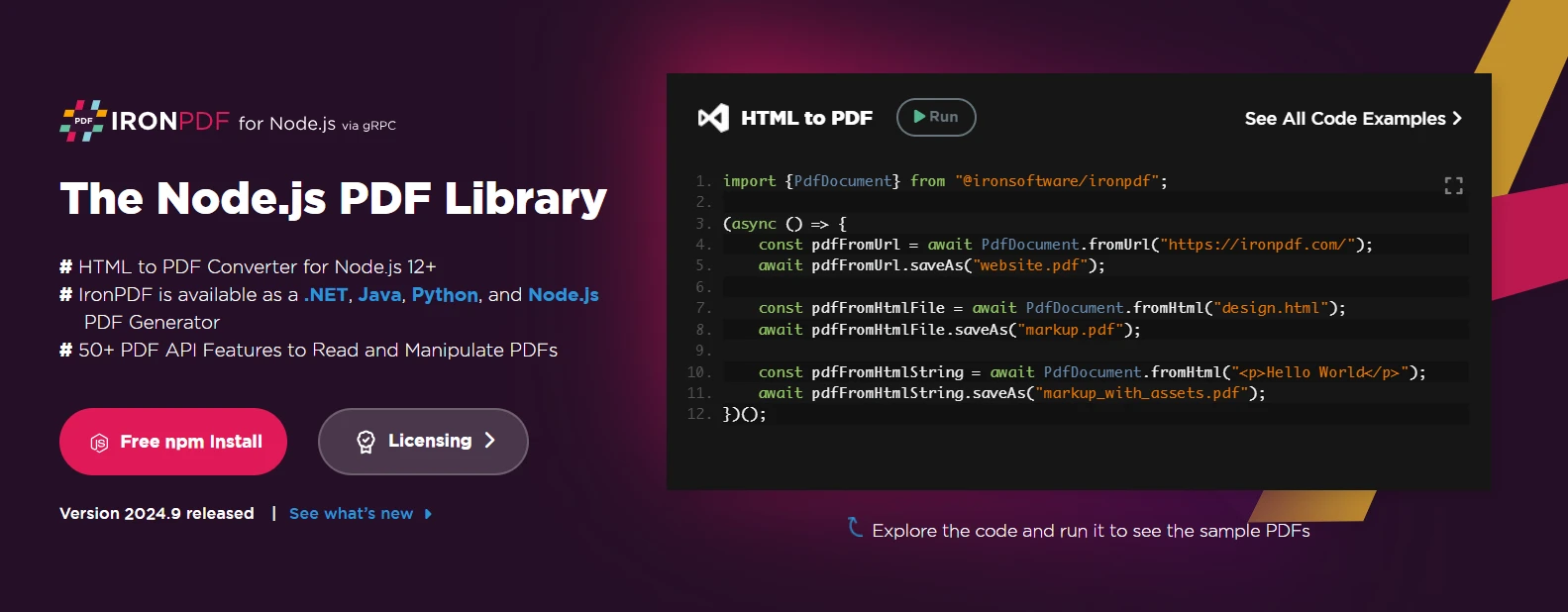 Node.js PDF 庫比較（免費與付費工具）：圖 1 - IronPDF 網頁