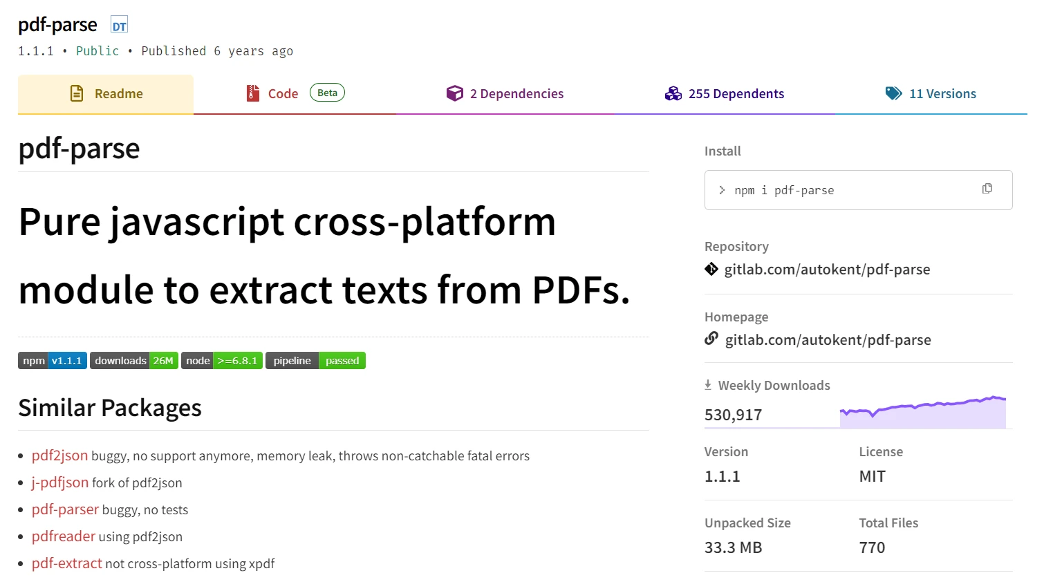 Node.js PDF 庫比較（免費和付費工具）：圖 5 - pdf-parse 網頁