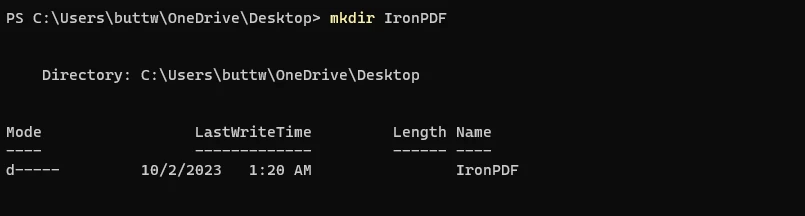 How to Download PDF Files From URL in Node.js: Figure 1 - Open the command prompt and create a new Node.js project using the command: mkdir IronPDF.
