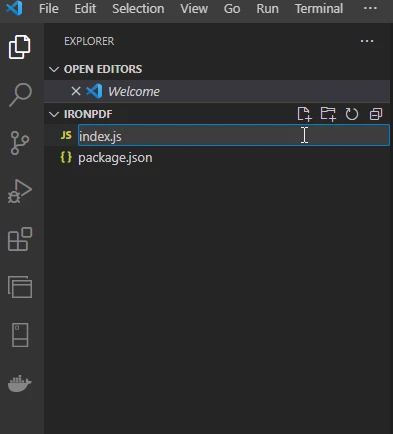 How to Download PDF Files From URL in Node.js: Figure 3 - Open the project in Visual Studio Code and add a new JavaScript file named index.js.