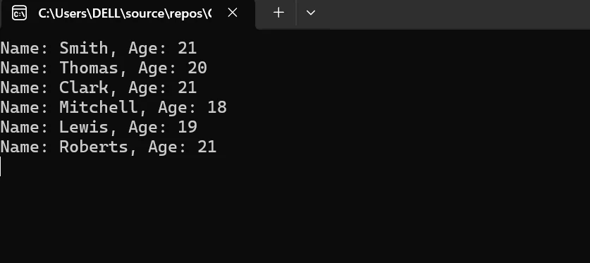 Npgsql C# (Cómo Funciona Para Desarrolladores): Figura 2 - Salida de Consola mostrando el Nombre y la Edad desde la base de datos PostgreSQL usando el paquete Npgsql en un proyecto .NET