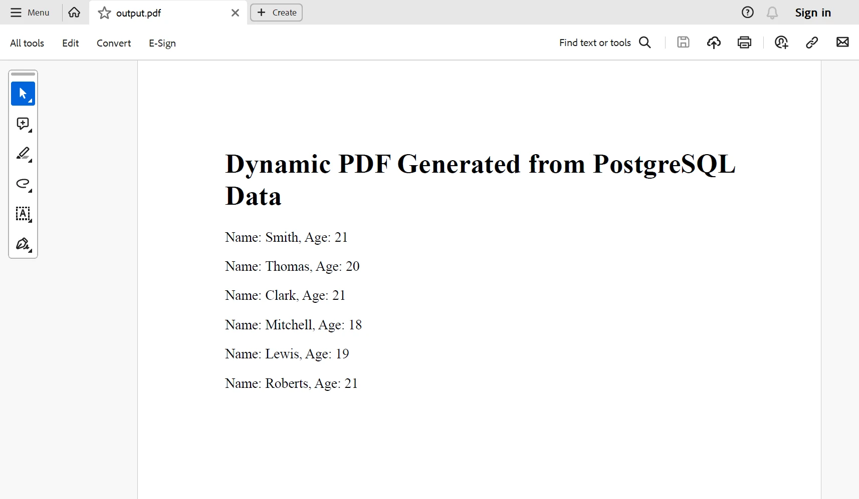 Npgsql C# (Cómo funciona para desarrolladores): Figura 4 - PDF de salida generado usando datos de la base de datos Npgsql PostgreSQL y IronPDF.