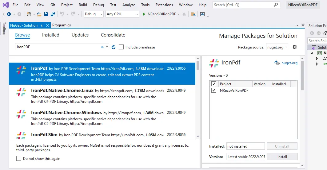 Comparing IronPDF and NReco, Figure 2: Installing IronPDF using the NuGet Package Manager GUI