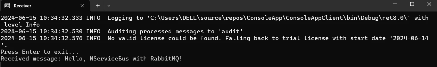 NServiceBus C# (How It Works For Developers): Figure 6 - Example console output