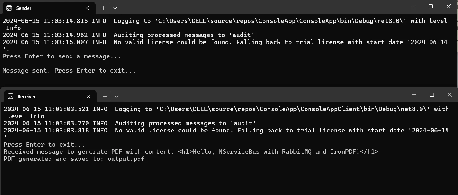 NServiceBus C# (How It Works For Developers): Figure 8 - Example console output