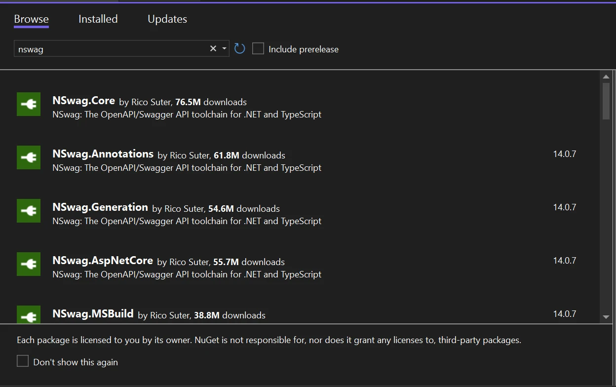 Nswag C# (Cómo funciona para desarrolladores): Figura 1 - Buscar Nswag en el Gestor de Paquetes de Visual Studio e instalarlo