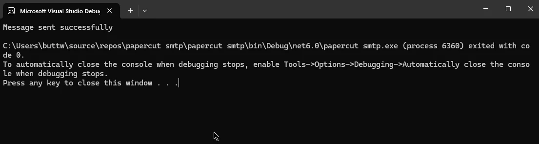 Papercut SMTP C#（開発者向けの動作説明）：図1 - Papercut SMTP C# コンソール出力：メッセージが正常に送信されました。