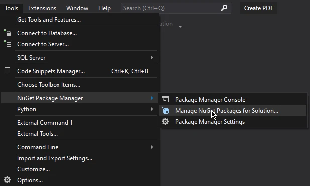 PDF Conversion in C# (Developer Tutorial) Figure 5 - The NuGet Package Manager dropdown from the Tools bar in Visual Studio.