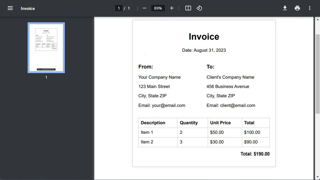 PDF Conversion in C# (Developer Tutorial) Figure 6 - An invoice PDF with Invoice as the title, and various invoice related fields displayed.