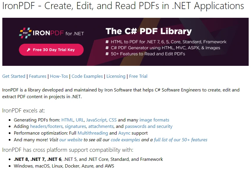 PDF Conversion in C# (Developer Tutorial) Figure 7 - A screenshot of the IronPDF website, with a variety of text.