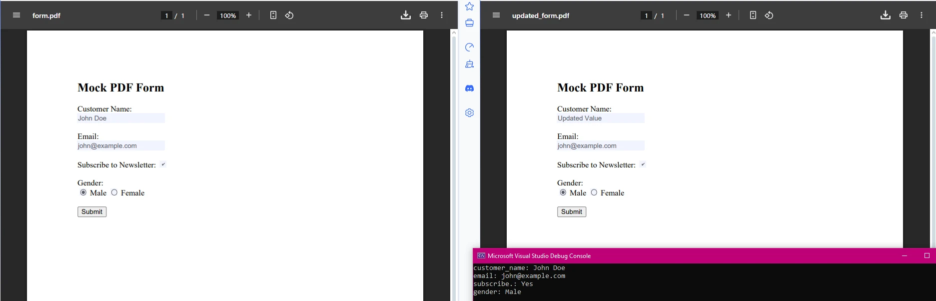 How to Extract Data from a PDF in .NET: Figure 6 - Extracted form data and the updated form