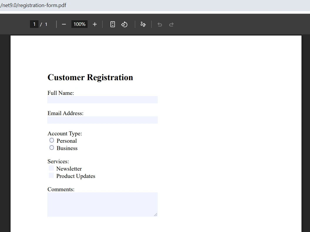 PDF Forms .NET SDK: Create Fillable PDFs in C# Using IronPDF: Image 4 - PDF Output