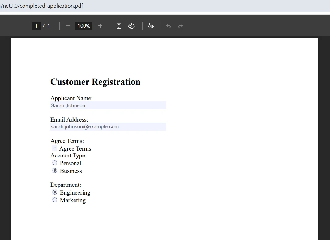 PDF Forms .NET SDK: Create Fillable PDFs in C# Using IronPDF: Image 8 - Filled PDF Output