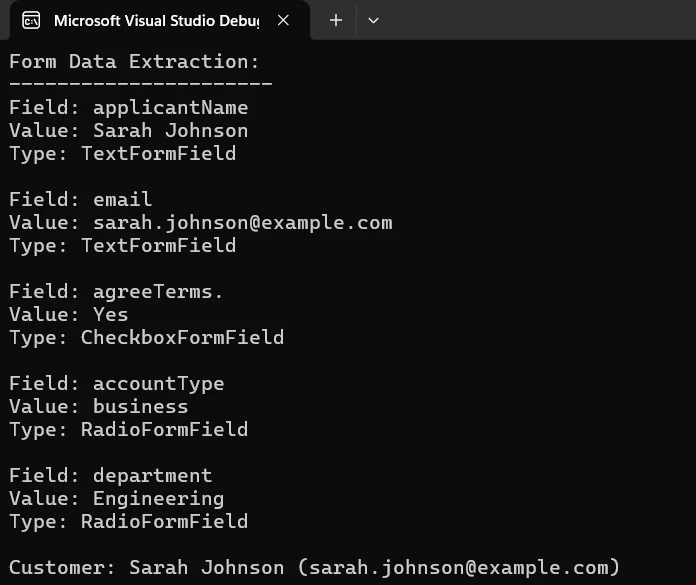 PDF Forms .NET SDK: Create Fillable PDFs in C# Using IronPDF: Image 9 - Console Output