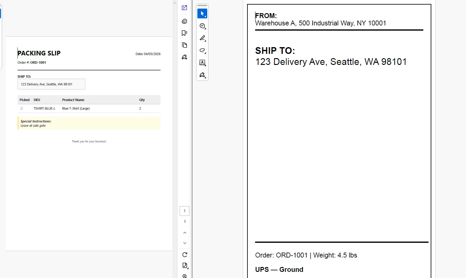 example generated packing slip and shipping label