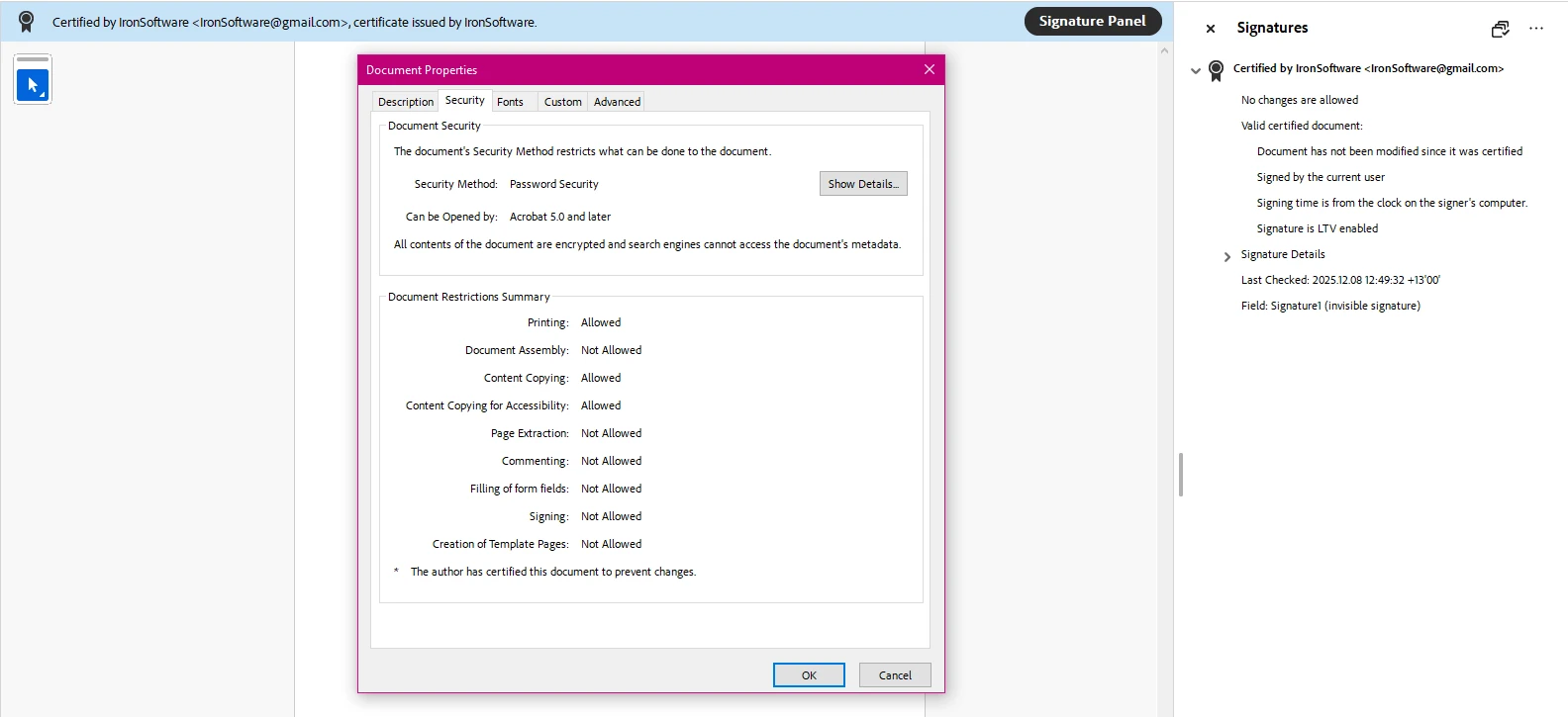 PDF SDK .NET Alternative：開發人員為何選擇 IronPdf：圖片 3 - 使用 IronPDF 簽署和保護的 PDF