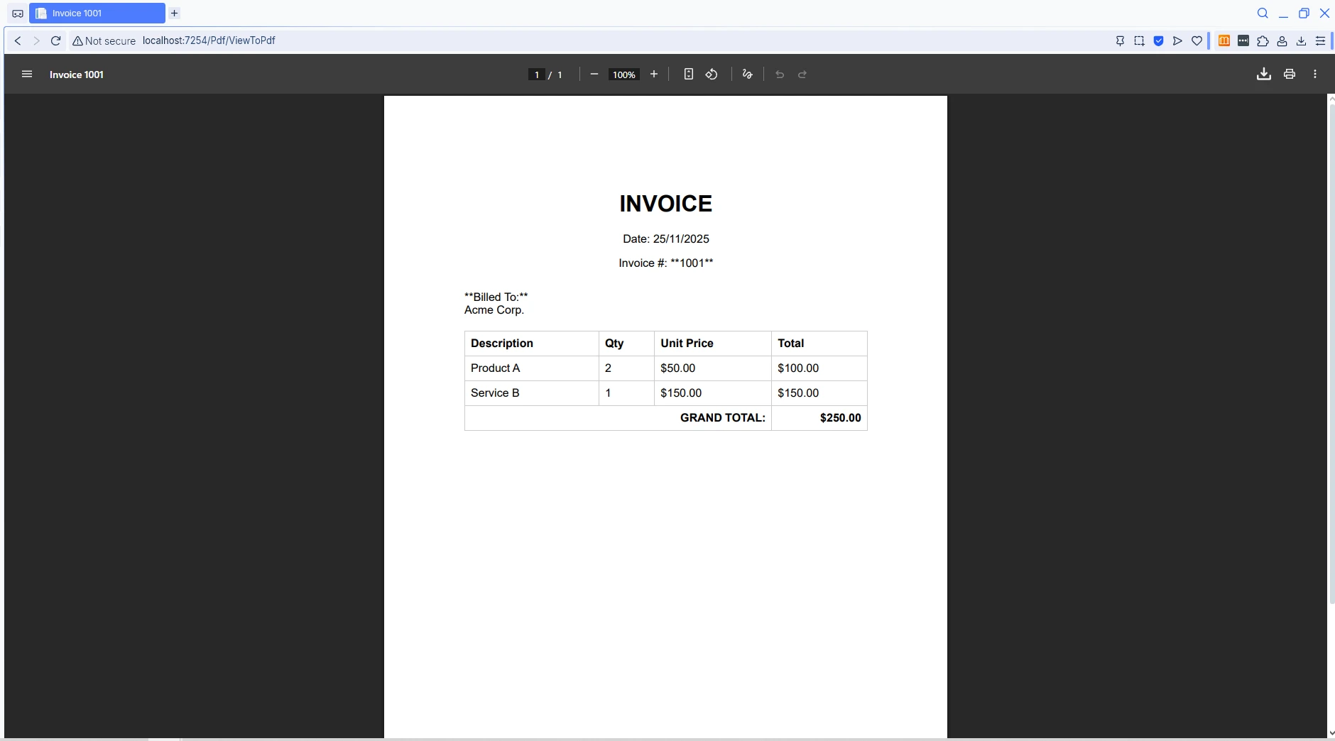 How to Create a PDF Viewer in ASP .NET Web Application with IronPDF: Image 3 - PDF rendered and Viewed in the browser