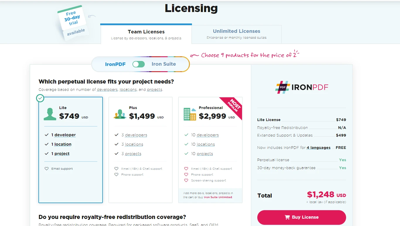 PDF vs PDF/A (Comparison and How to Use): Figure 3 - IronPDF licensing page 