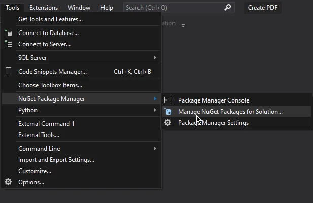 How to Read PDF Files in C#: Figure 5 - In the Visual Studio, navigate to the Tools menu, then go to NuGet Package Manager option and further select Manage NuGet Packages for Solution.