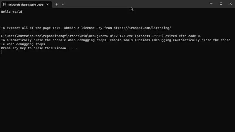 IronPDF 콘솔 창에 'Hello World' 콘텐츠와 라이선싱 정보를 표시하여 간단한 API와 Enterprise 기능을 갖춘 라이브러리를 설명합니다