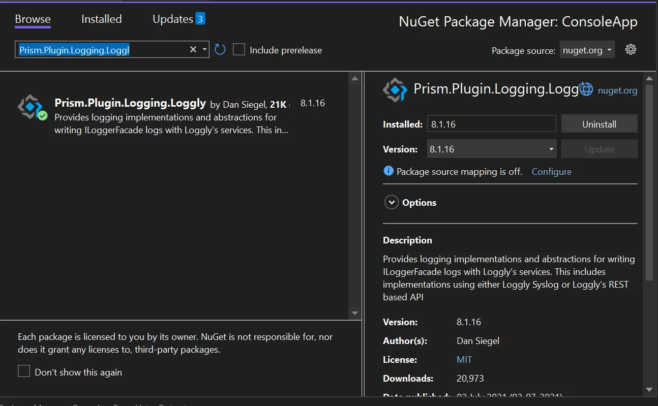 Prisma de registro (Cómo funciona para los desarrolladores): Figura 1 - Instalar Prism utilizando el Manage NuGet Package for Solution buscando "Prism.Plugin.Logging.Loggly" en la barra de búsqueda de NuGet Package Manager, a continuación, seleccione el proyecto y haga clic en el botón Instalar.