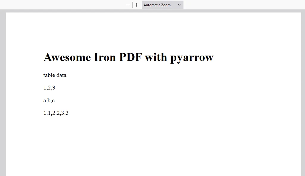 pyarrow (Cómo funciona para desarrolladores): Figura 5 - PDF de salida generado usando la librería IronPDF for Python y mostrando los datos por filas de la tabla PyArrow.