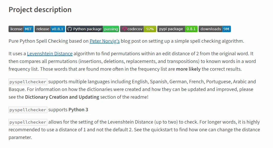 pyspellchecker Python (Cómo funciona para desarrolladores): Figura 1 - Descripción del Pyspellchecker desde la página de instalación del paquete