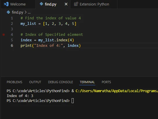 Python Buscar en Listas (Cómo Funciona Para Desarrolladores): Figura 2 - Salida del método index