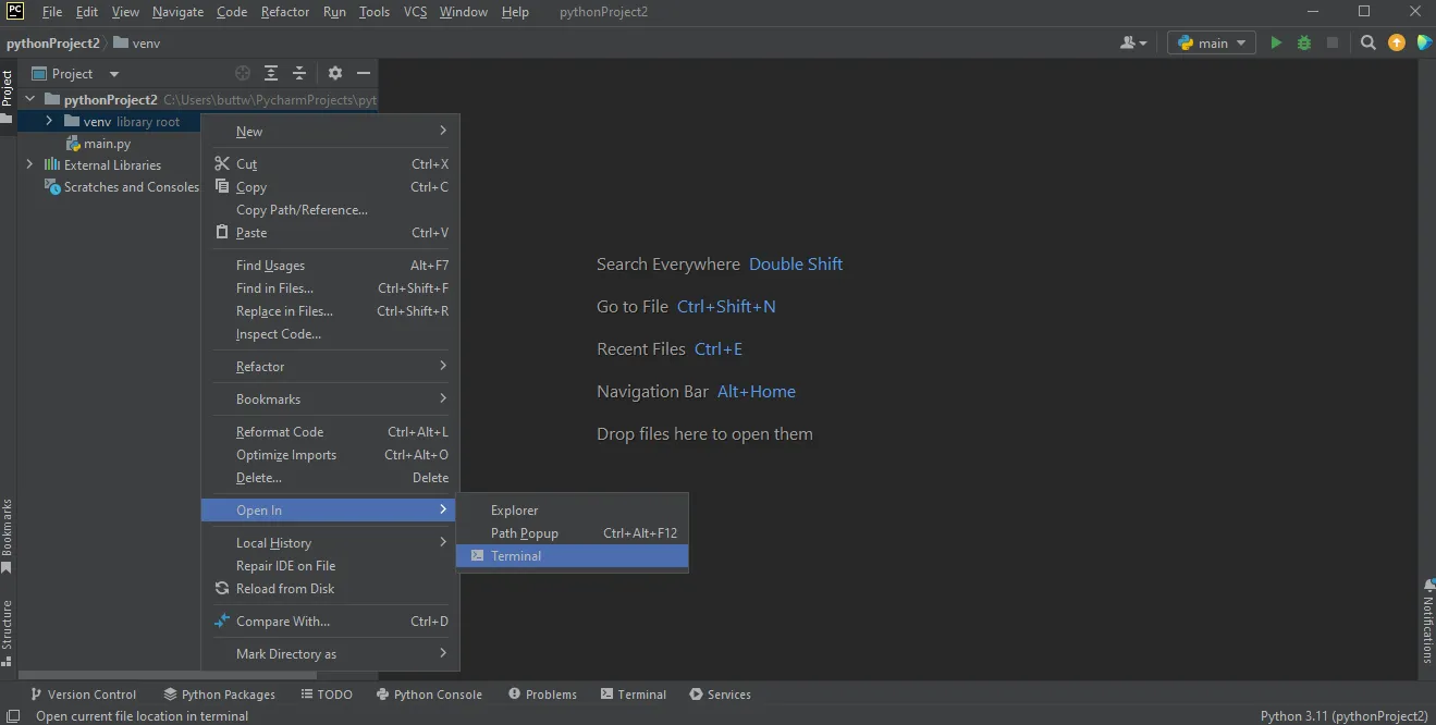 如何在 Python 中開啟 PDF 文件，圖 1：在 PyCharm 中開啟終端機