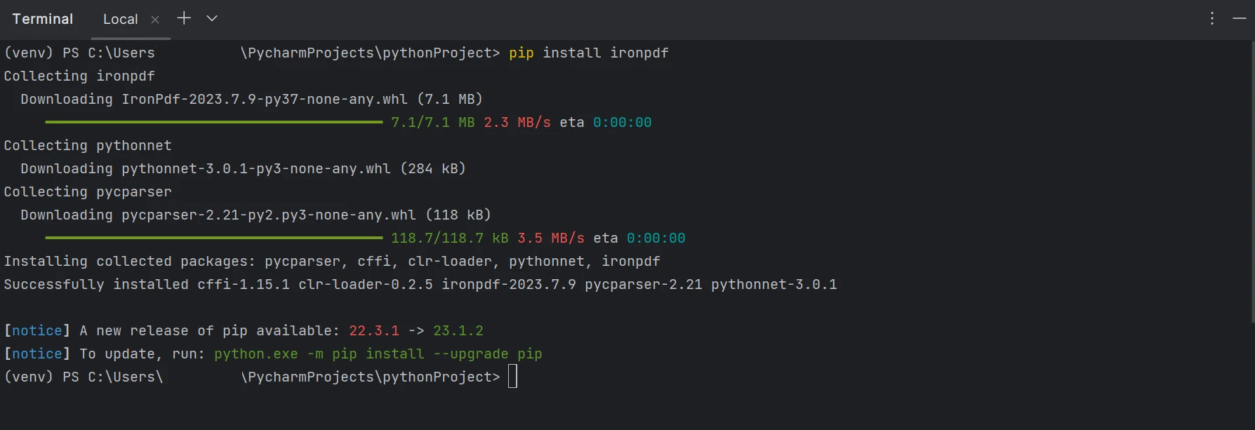 Cómo analizar un archivo PDF en Python: Figura 4 - Un terminal mostrando la instalación de IronPDF usando pip.
