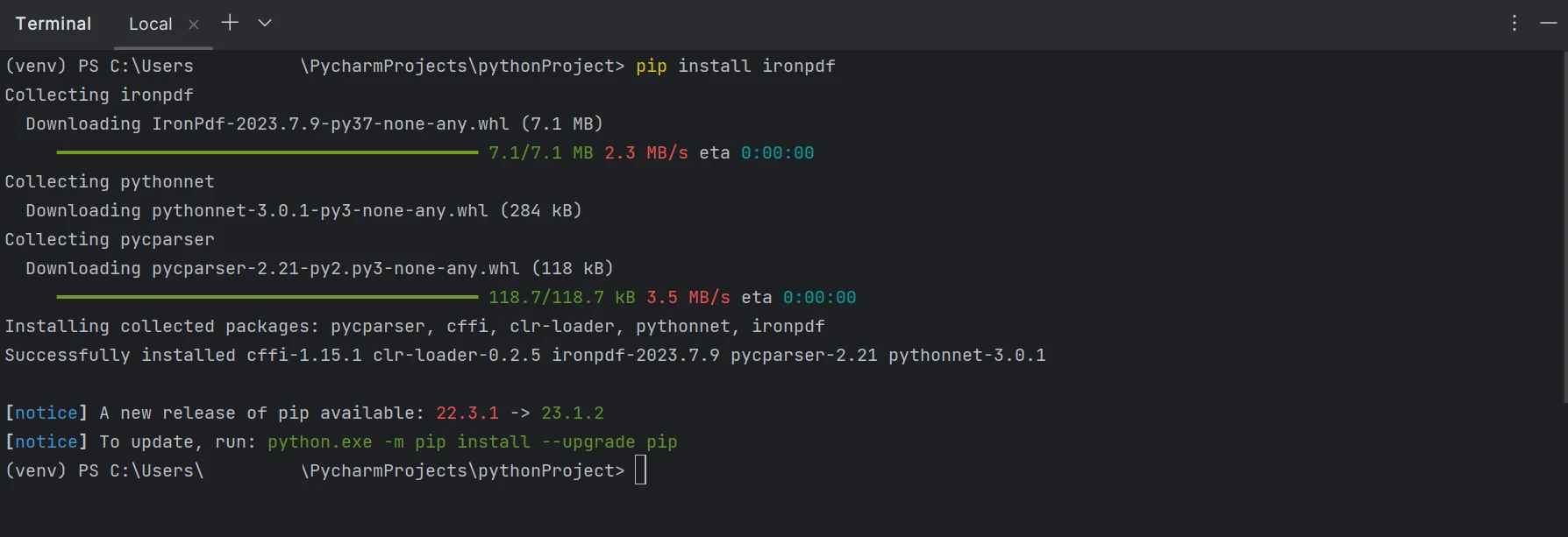 How to Parse A PDF File in Python: Figure 4 - A terminal showing the installation of IronPDF using pip.