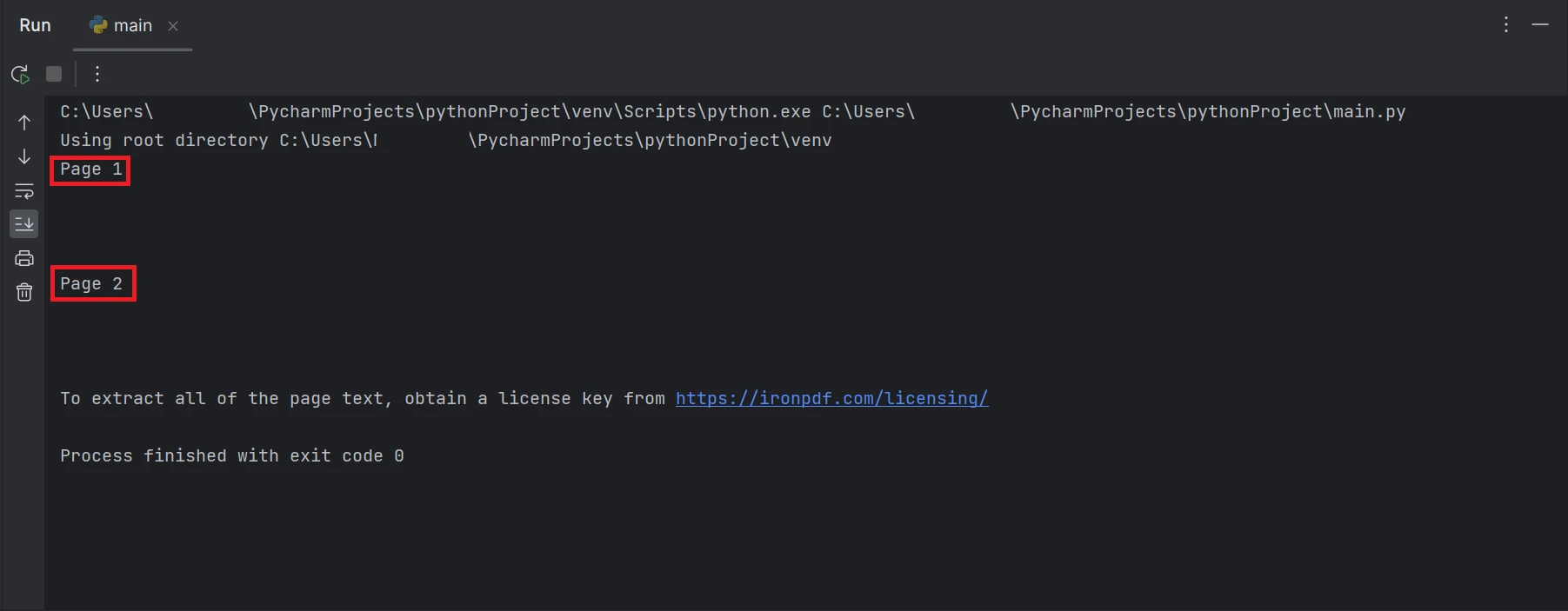 Cómo analizar un archivo PDF en Python: Figura 7 - Una captura de pantalla del terminal con la salida de texto Página 1, y Página 2.
