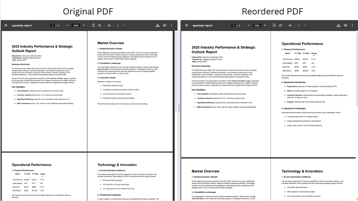 How to Rearrange Pages in PDF C# With IronPDF: Image 4 - Comparison of the input PDF vs. the output PDF with the moved page