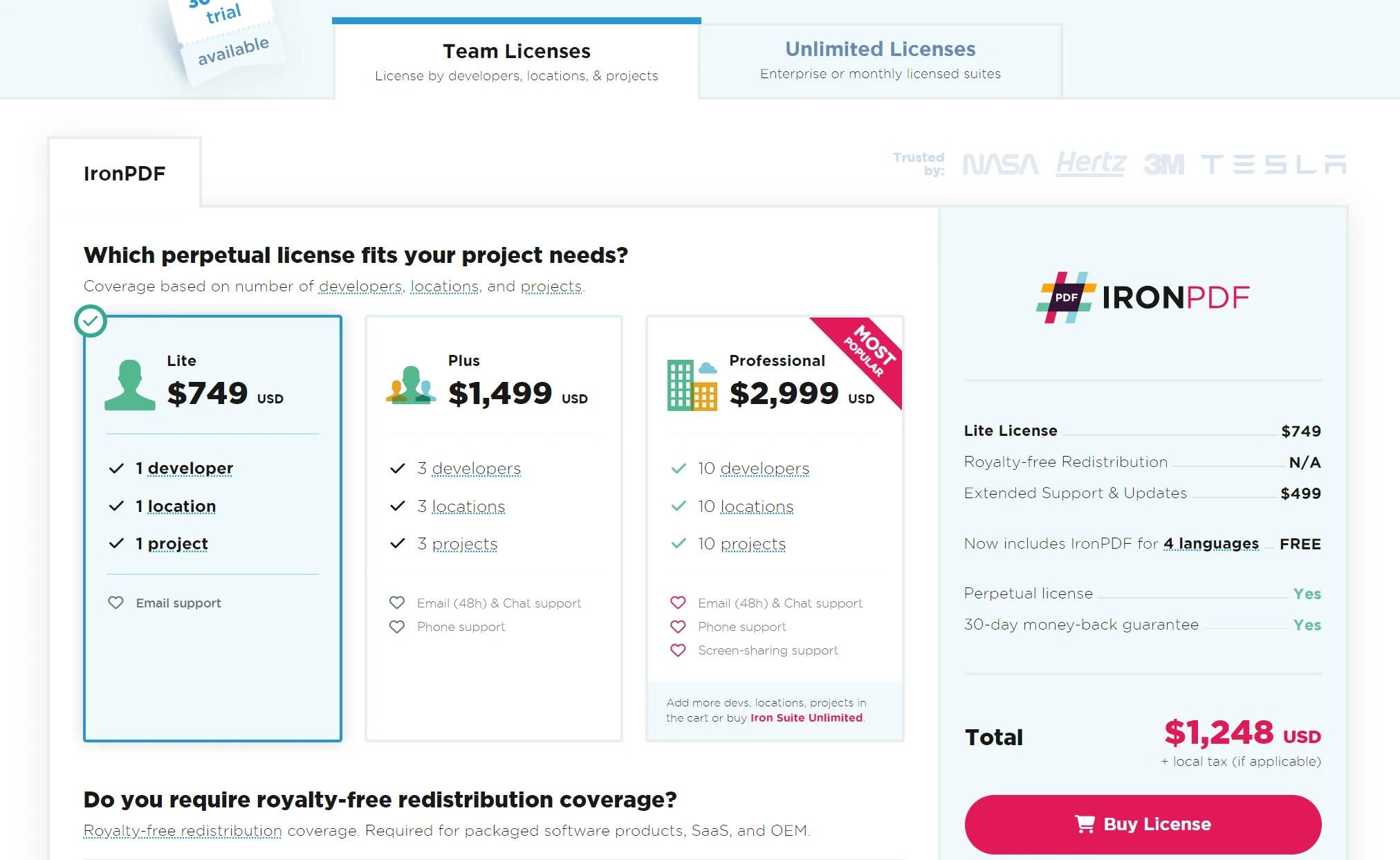 recharts NPM (How It Works For Developers): Figure 6 - IronPDF licensing page