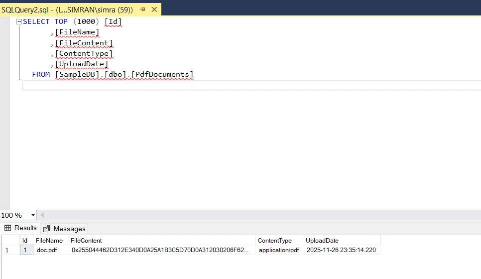 How to Retrieve PDF File from Database in ASP.NET Using C# and IronPDF: Image 6 - SQL Server Output