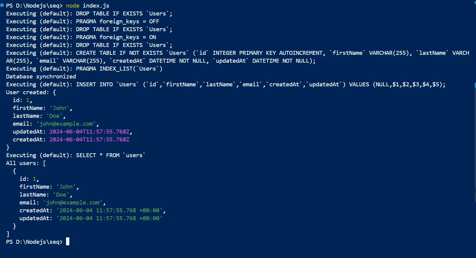 Sequelize node js (How It Works For Developers): Figure 2 - Sequelize Application Output