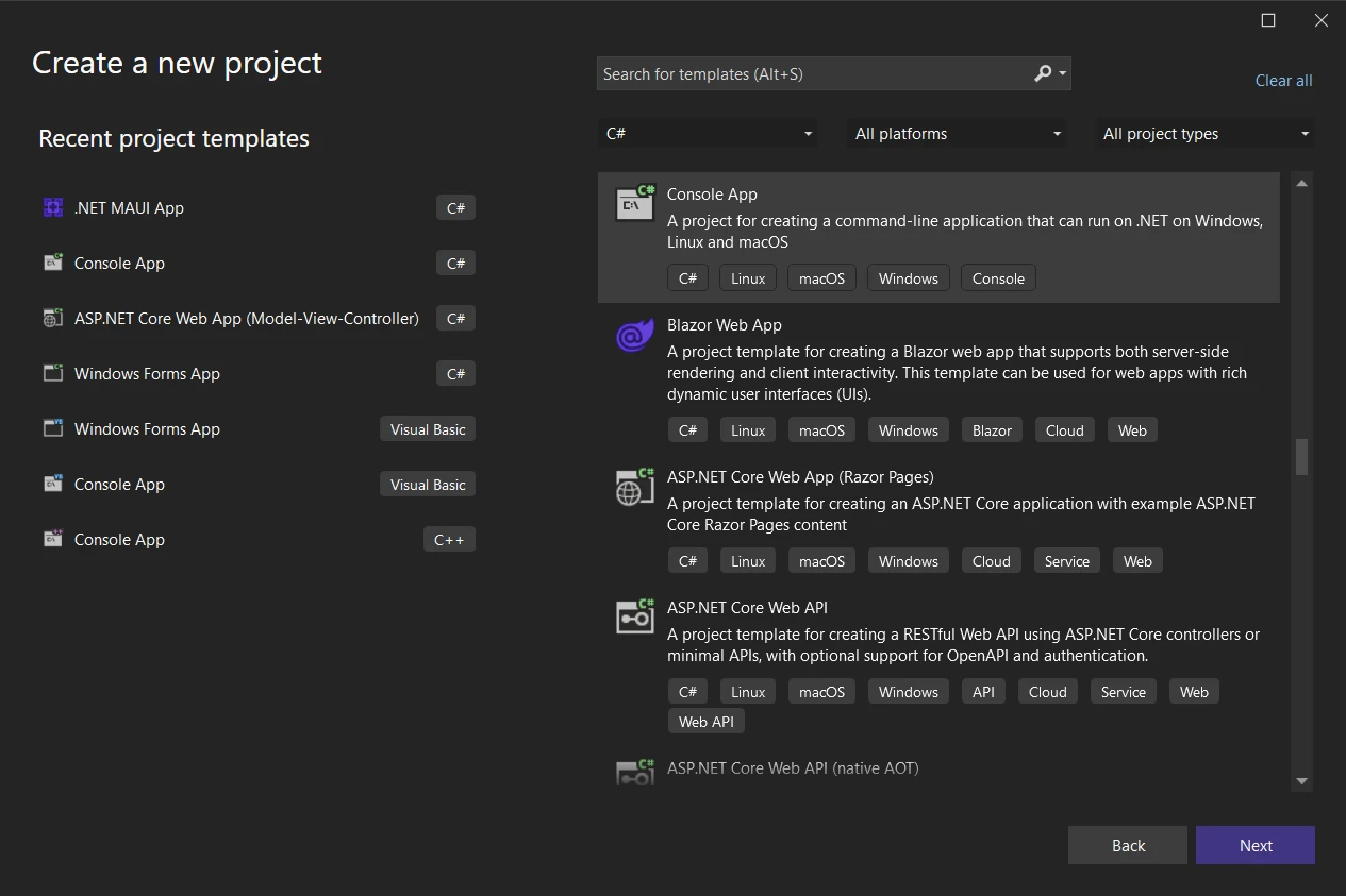 Sharpziplib Extract ZIP C# (How It Works For Developers): Figure 1 - For the new project, select a "Console App" in C#.