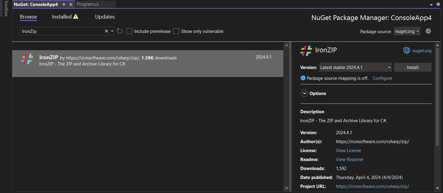 Sharpziplib 提取 ZIP C#（開發人員使用說明）：圖 5 - 使用 NuGet 套件管理器為方案管理 NuGet 套件的方式安裝 IronZIP，方法是搜索欄中輸入 IronZip 並搜索，然後選擇專案並點擊安裝按鈕。