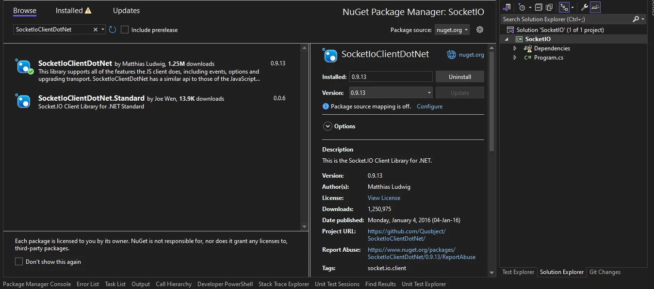 Socket io .NET（開發人員的運作方式）：圖 3 - 使用解決方案的管理 NuGet 套件安裝 Socket.IO for NET，方法是在 NuGet 套件管理器的搜索欄中搜索「SocketIoClientDotNet」套件名稱，然後選擇項目並點擊安裝按鈕。