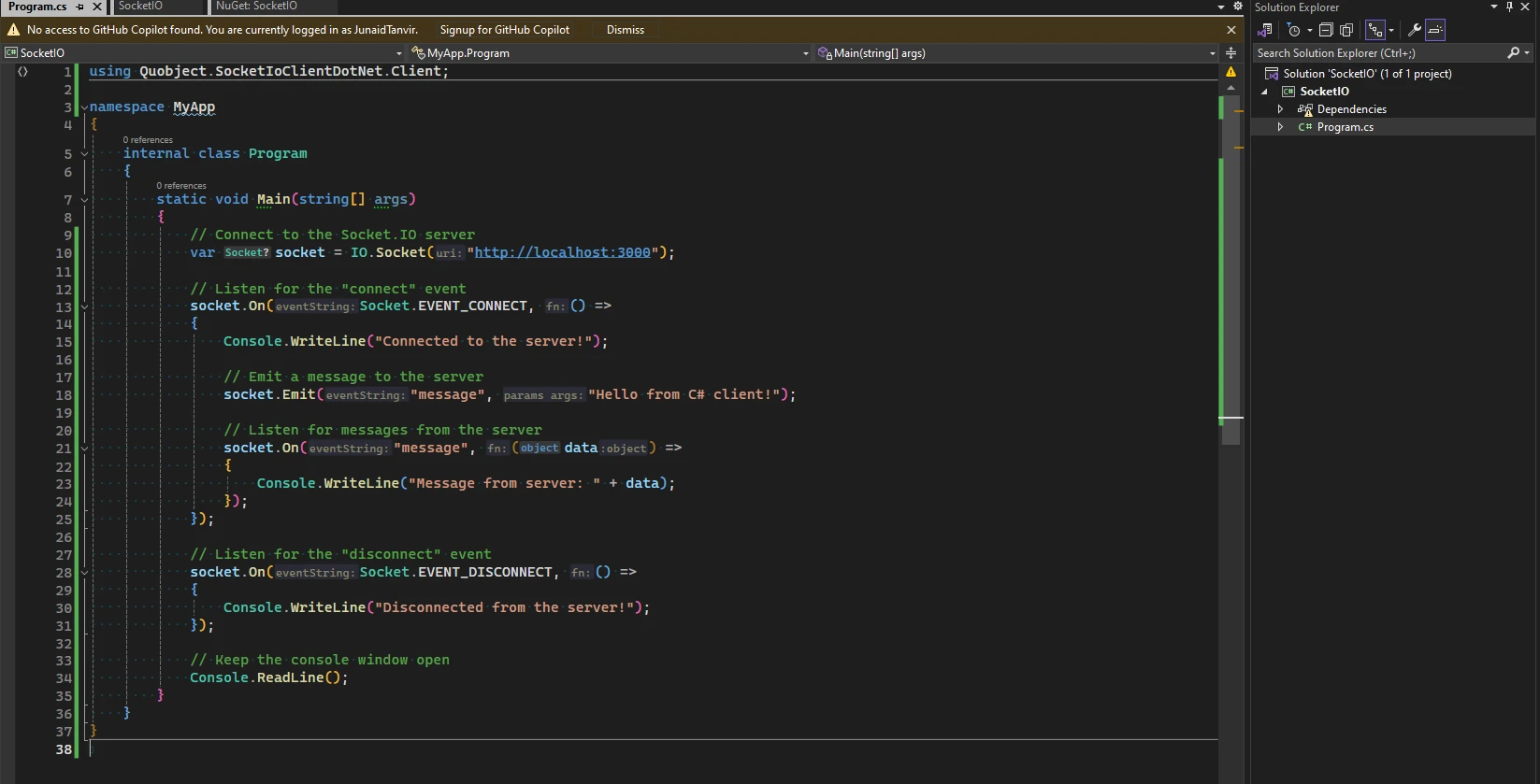 Socket io .NET (How It Works For Developers): Figure 4 - Sample code