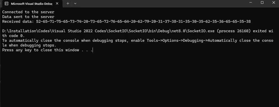 Socket io .NET (How It Works For Developers): Figure 6 - Console output for WebTransport connection using a WebSocket URL.